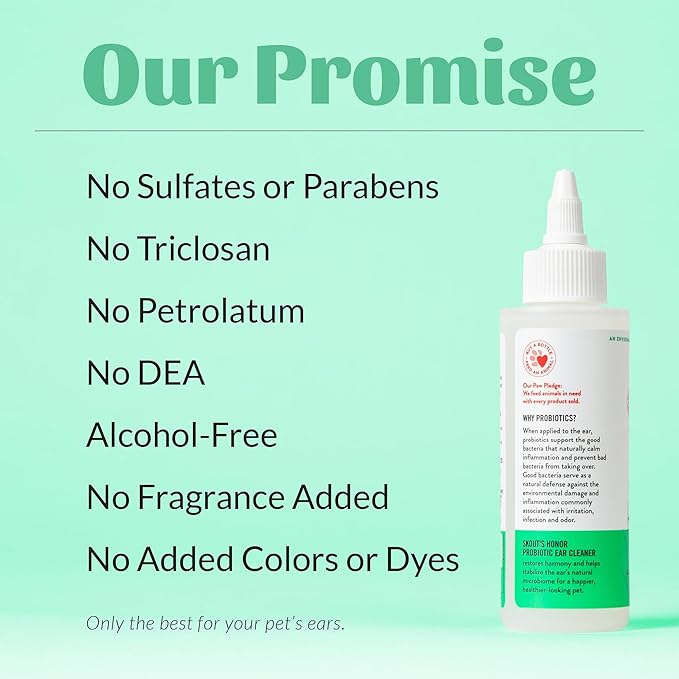 SKOUT'S HONOR Probiotic Dog Ear Cleaner Solution with Aloe Vera - Alcohol-Free, Fragrance-Free, Non-Medicated Ear Wash for Dogs - Microbione Friendly Certified, 4 oz., 2-Pack