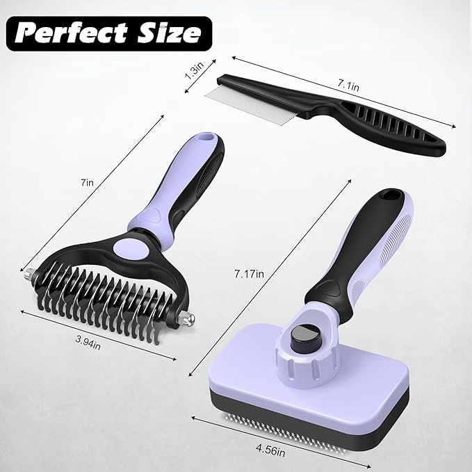 3PCS Self Cleaning Slicker Brush & Pet Grooming Rake & Bath Brush for Dogs ,Cats and Horses | Double-Sided Dematting Comb & Skin Friendly Deshedding Grooming Tool | Pet Supplies( Light Purple Black )