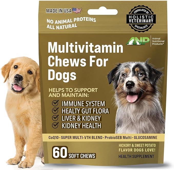 ANP Super Multi-Vitamin, Natural No Animal Proteins, 60 Soft Chews for Dog Gut Health and Immune System, CoQ10, Probiotics 5M CFUs and Glucosamine