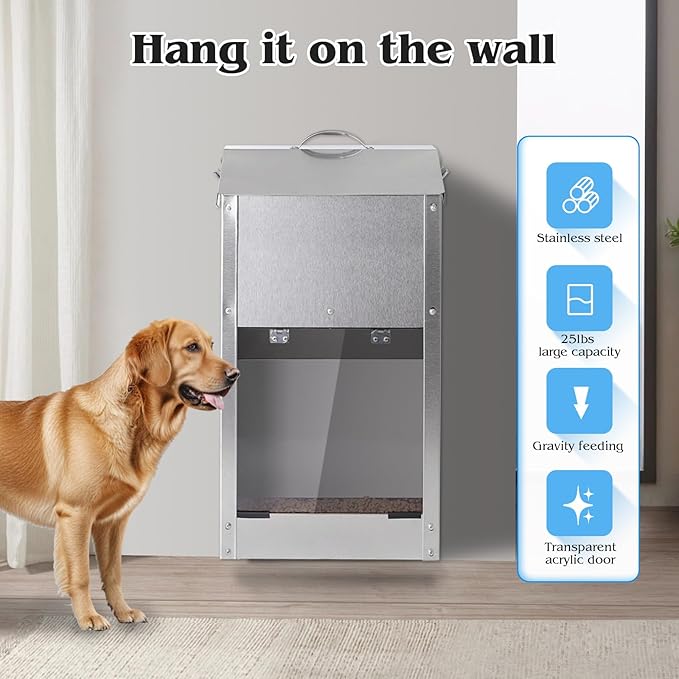 Automatic Dog Feeder Large Breed with Handle, Stainless Steel Indoor and Outdoor Pet Feeder for Large Dogs, Dog Food Dispenser Automatic for Dogs (25lbs)