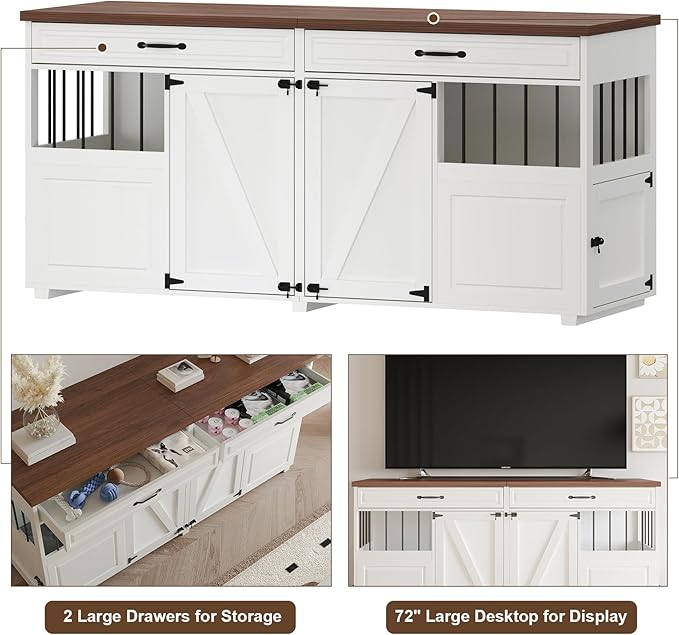 Dog Crate Furniture - Indoor Wood Dog Kennel Furniture 4 Doors with Divider and 2 Drawers - 72" L x 23.6" W x 33.5" H, White
