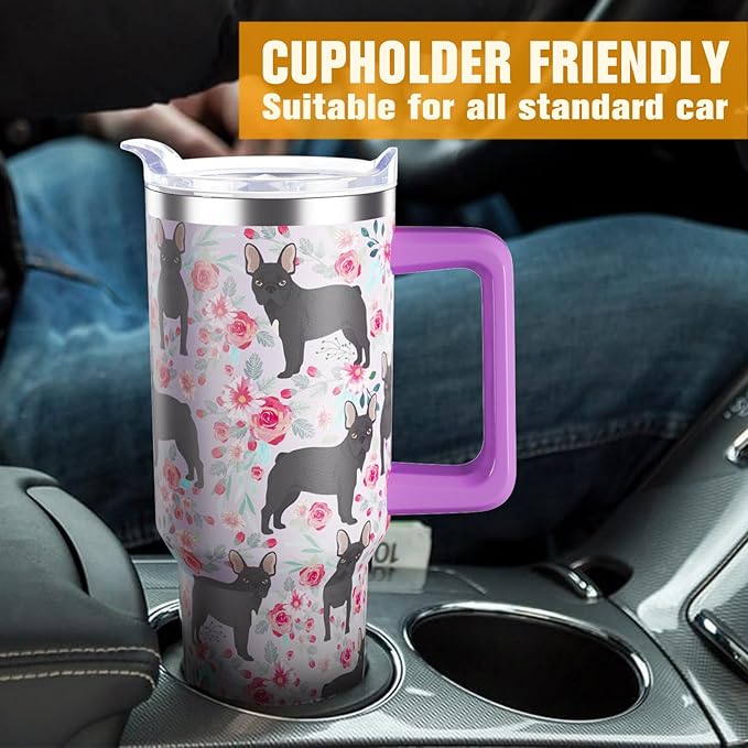 French Bulldog Gifts for Women Dog Lovers 40 oz Floral French Bulldog Tumblers with Handle and Straw, Stainless Steel Vacuum Insulated Travel Coffee Mug Cup Water Bottle