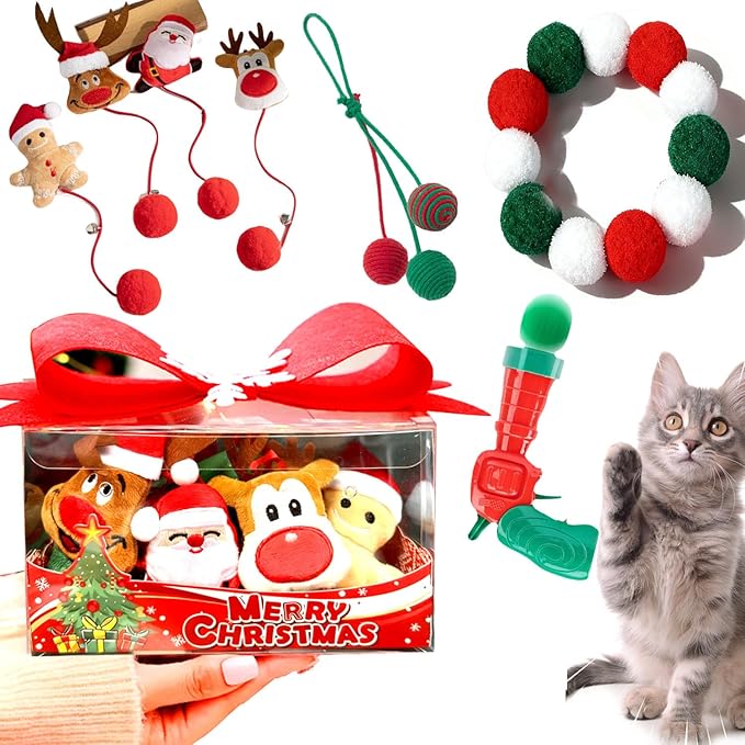 17Pcs Christmas Cat Toys Interactive Cat Toys Christmas Countdown Christmas Kitten Gift Indoor Interactive Cat Gift Set Toy with Hairball Launcher, Balls