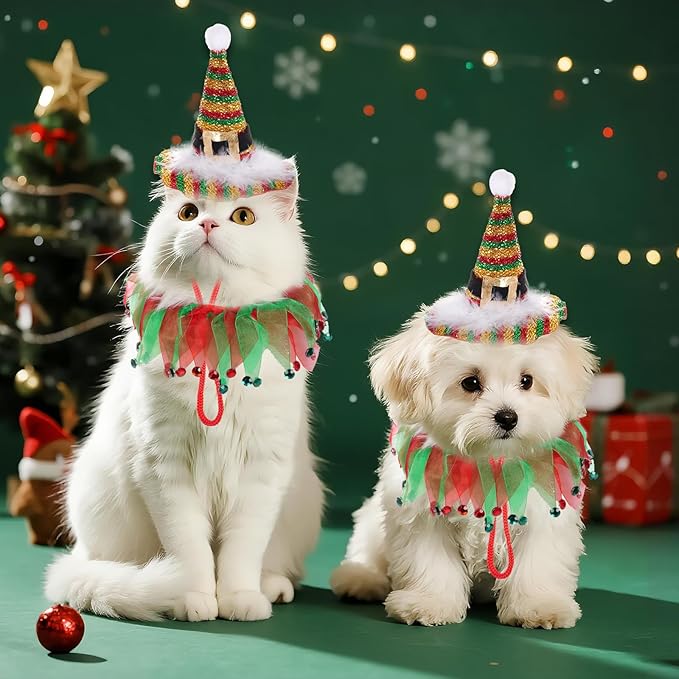 2Pcs Dog Shiny Christmas Hat and Tutu Collar Set, Pet Cats & Small Dogs Christmas Outfit Costume for Xmas Holiday Birthday Party