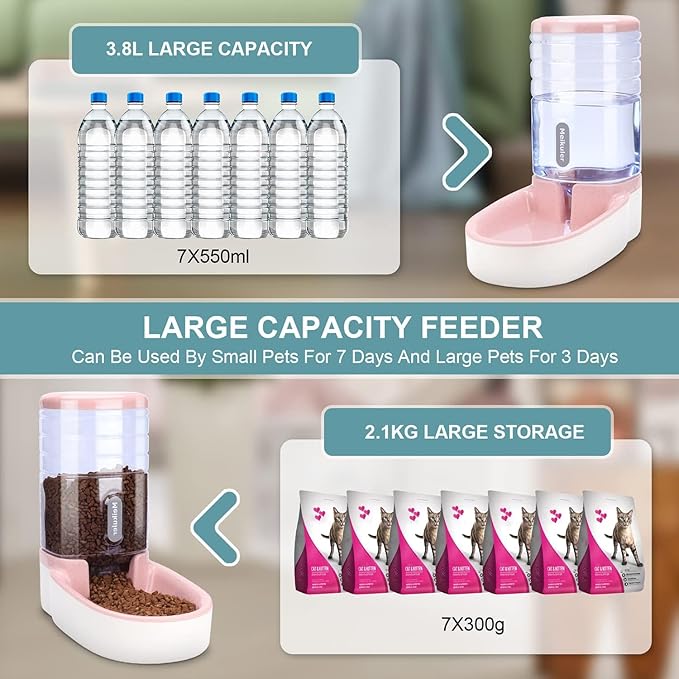 Meikuler Automatic Dog Cat Feeder and Water Dispenser Set,Waterer and Gravity Food Feeder for Small & Medium Dogs Cats Puppies,Large Capacity 1 Gallon x 2(Pink)