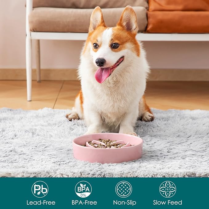 vancasso Ceramic Slow Feeder Dog Bowls, Puzzle Dog Food Bowls with Floral Maze, Anti -Slip Pet Food Dish for Medium Breed, 1.5 Cups, Pink