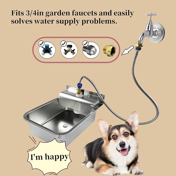 Small Automatic Dog Water Dispenser, 9L Stainless Steel Dog Water Bowl for Outdoor, for Puppies, Kittens, Lambs,Chickens, Livestock,Anti Tip, Fits GHT 3/4'' Faucet
