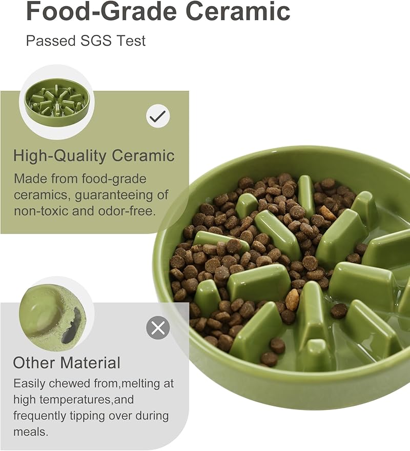 Ceramic Maze Dog Slow Feeder with Non-Slip Silicone Rim (& Bamboo Stand) – Heavy-Duty Stoneware Bowl with Puzzle Pattern for Bloating & Obesity Prevention (Raised-Green-S)