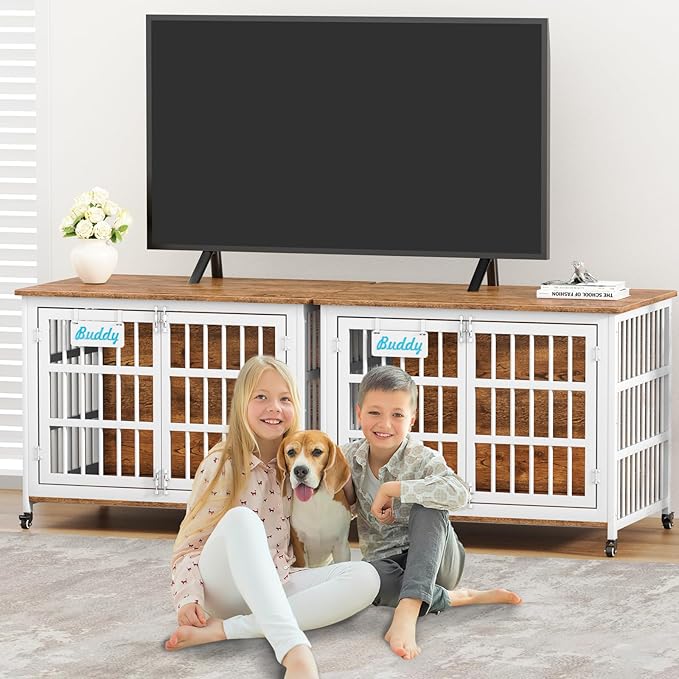 EasyCom 41"/33"/27" L Heavy Duty Dog Crate Furniture with Name Tag, Dog Kennel Indoor for Medium Dogs, Double-Doors Sturdy Metal Dog Cage for Anxiety Dog, Decorate House as TV Stand, End Table