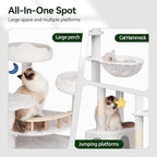 85in Tall Cat Tower for Heavy Duty Big Cats, Large Cat Tree with Scratching Post, Plush Perches, Cozy Cat Condos & Hanging Hammocks for Maine Coon, White