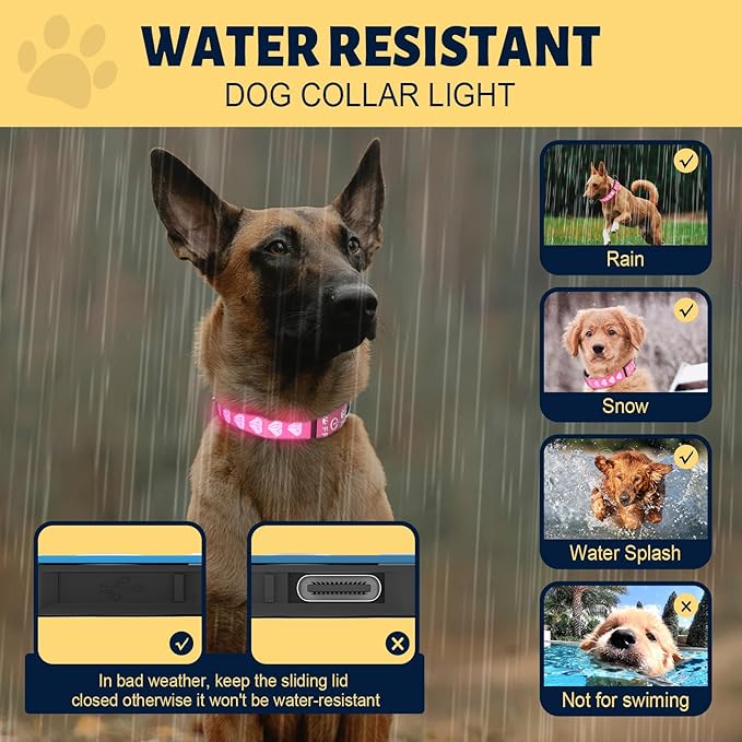 Glowing Dog Collar 3D LED Dog Collars Rechargeable Adjustable 15-in-1 Light Up Dog Collars Waterproof Large Dog Collar for Night Walking, Pink