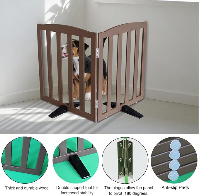 ZJSF Foldable Freestanding Indoor Dog Gate for House Wood Long Pet Gates Dog Fence for Stairs Puppy Gates for Hallways, Puppy Gate,Support Feet Included, Brown, 32 "Height-2 Panels