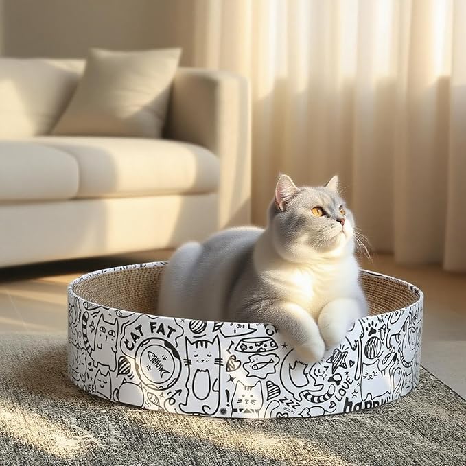 Cardboard Round Cat Scratcher Bed for Indoor Cats Large Cat Scratch Pad Bowl Corrugated Lounge for Large Cat(White-Circle)