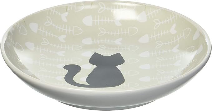 PetRageous 16069 Fishbone Kitty Stoneware Cat Saucer 5-Inch Diameter 2.5-Ounce Capacity for Wet or Dry Cat Food, Brown