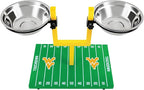 NCAA West Virginia Mountaineers Goalpost Football Field Dog Feeder – Adjustable Elevated Dog Bowls with Stand, 2 Stainless Steel Bowls, Non-Slip Rubber Feet, Raised Pet Feeder for Large & Small Dogs