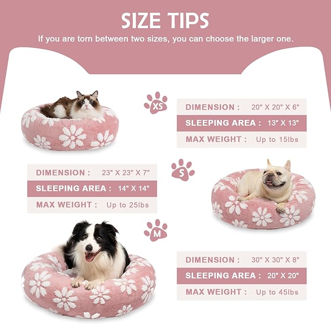 Donut Dog Beds for Small Dogs, Calming Round Cat Beds for Indoor Cats, Cute 3D Textured Flower Pet Bed with Removable Washable Cover and Anti-Slip Bottom（Pink，20"）