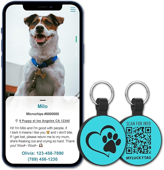 MYLUCKYTAG Silent Silicone QR Code Pet ID Tags - Online Profile - Scan QR for Instant Location Alert Email