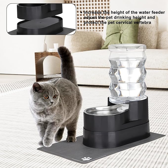 RIZZARI Automatic Cat Water Dispenser: Black 7L Elevated Fountain - Stainless Steel Gravity Feeder - Splash Guard Mat