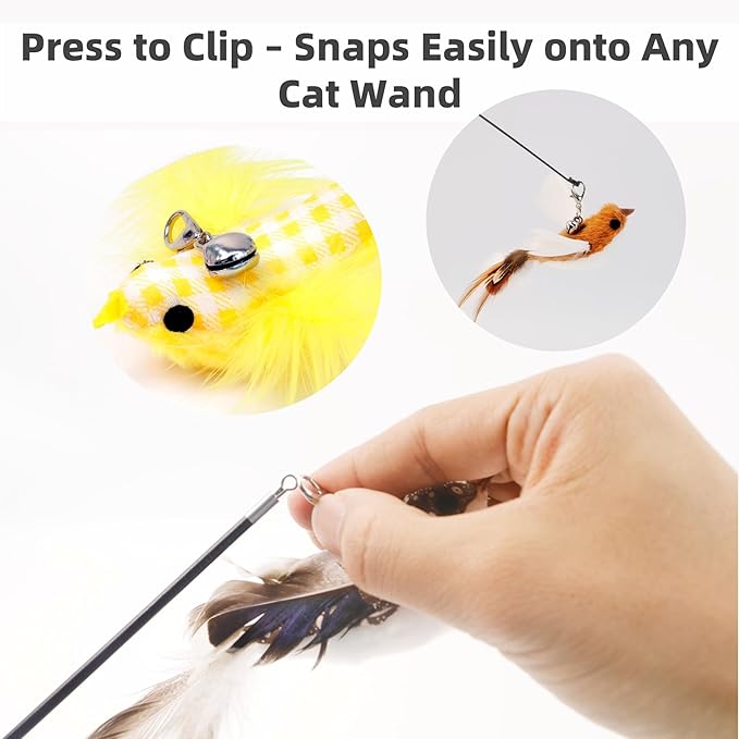 11 PCS Multi-Functional Cat Toy Replacement Heads – Realistic Handmade Bird Teasers with Bells & Detachable Clip, for Interactive Play, Indoor Enrichment & Home Decoration