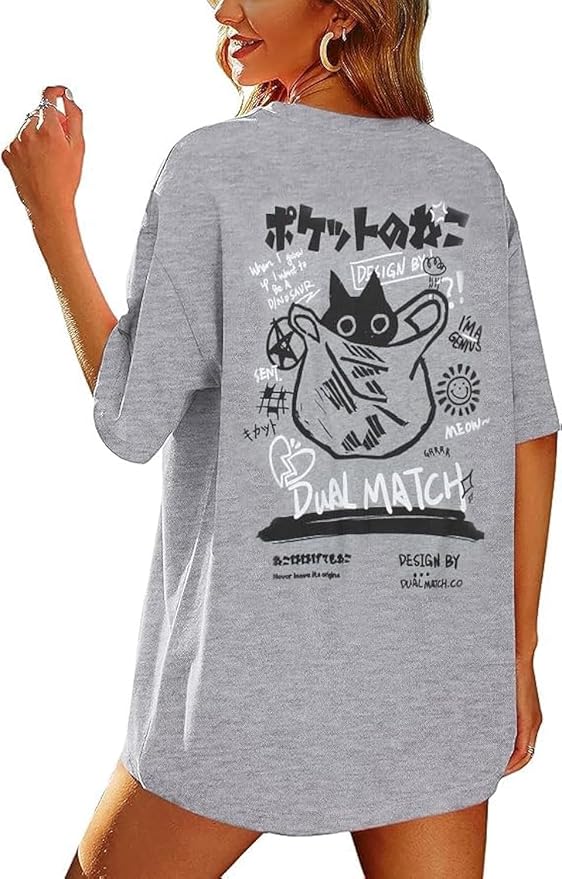 Womens Vintage Graphic Tee Shirt Cat Print Short Sleeve Loose Tunic Tops Gothic Oversized Punk Baggy Shirts
