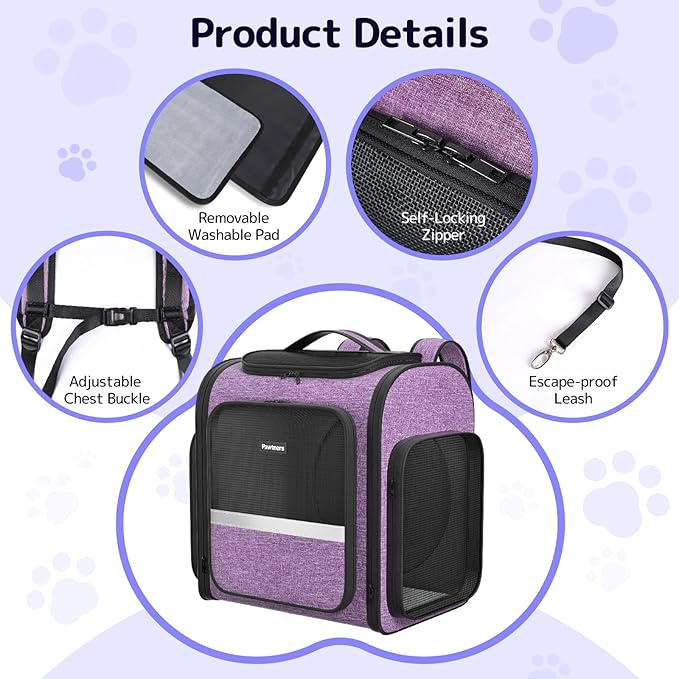 Pawtners Cat Backpack Carrier, Large Space Dog Backpack with Breathable Mesh, Expandable Pet Carrier Backpack for Small Medium Kitten Puppy Up to 18 Lbs, Suitable for Travel Hiking Camping Shopping