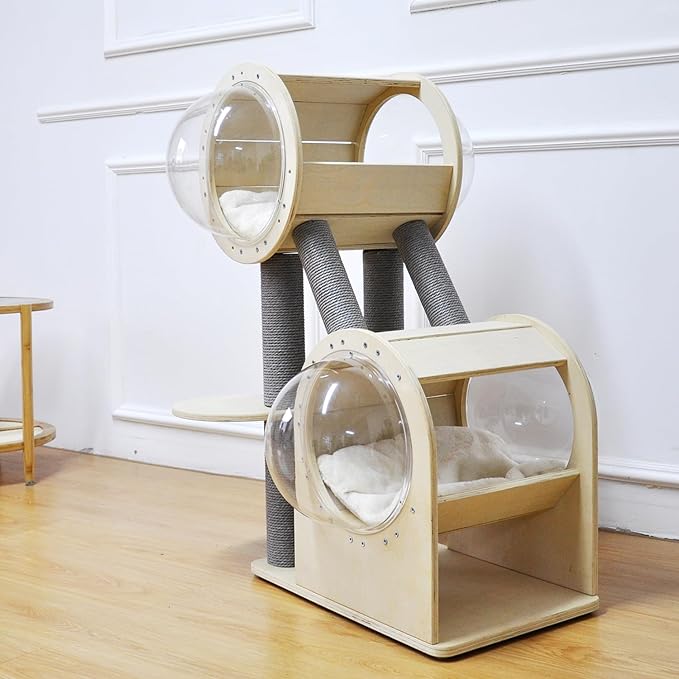 40.7 Inch Multi-Level Cat Tree with Scratching Posts and Space Capsule, Large Wooden Cat Tower for Indoor Cats, Stable Cat Climbing Furniture for Adult Cats
