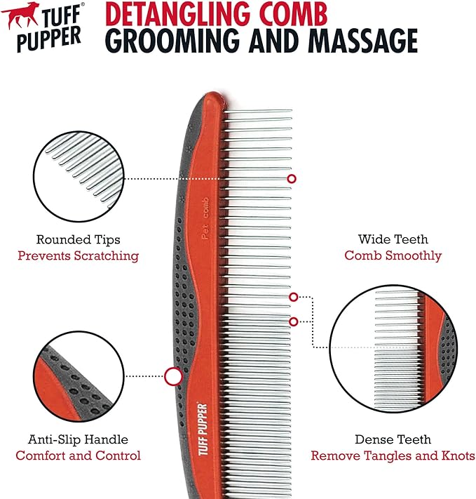 Tuff Pupper Dog Grooming Comb Set | Easily & Safely Remove Dead, Matted Knotted Hair | Ergonomic Pet Detangling Combs | No-Slip Safety Handle For Precision Control | Rounded Tips Prevent Scratching