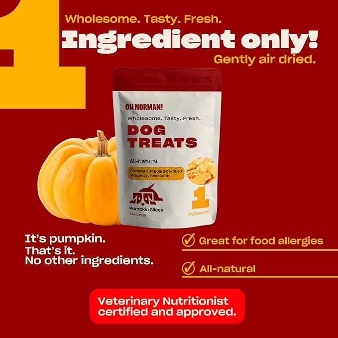 OH NORMAN! Single Ingredient Pumpkin Dog Treats by Kaley Cuoco, Healthy Dog Treats for All Life Stages and Breeds, Air Dried, Ethically Sourced in Canada, 6 Oz