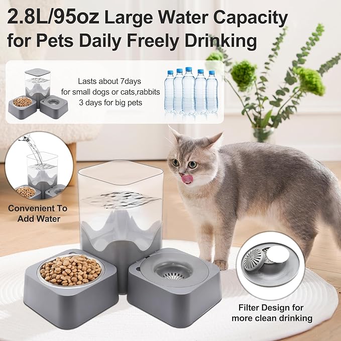 Pet Automatic Water Dispenser, 2.8L Water Dispenser with Stainless Steel Food Bowl, 2-in-1 Pet Feeder for Cats, Dogs, Rabbits