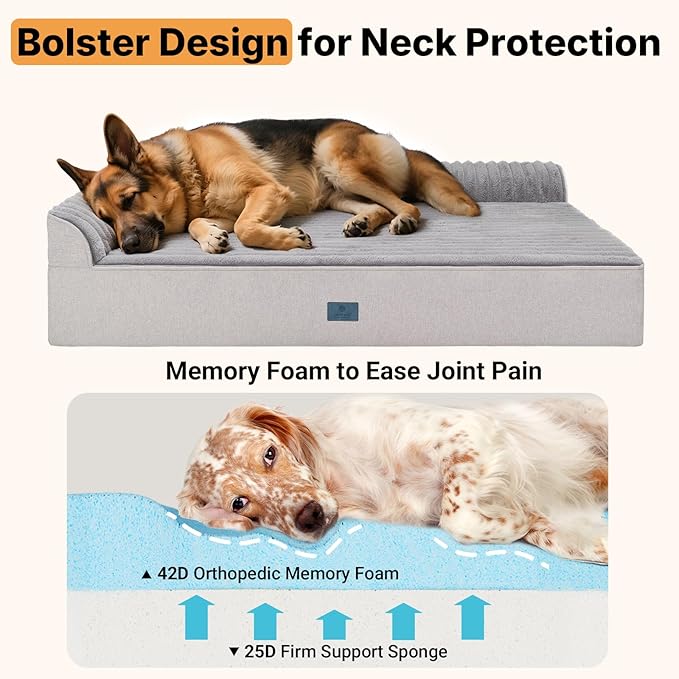 Veehoo Orthopedic Dog Bed for Large Senior Dogs, 7 Inch Thick XXL Memory Foam Dog Bed with L Shaped Bolsters, Orthopedic Pet Couch with Waterproof Liner & Removable Washable Cover, 52"x36"x7"