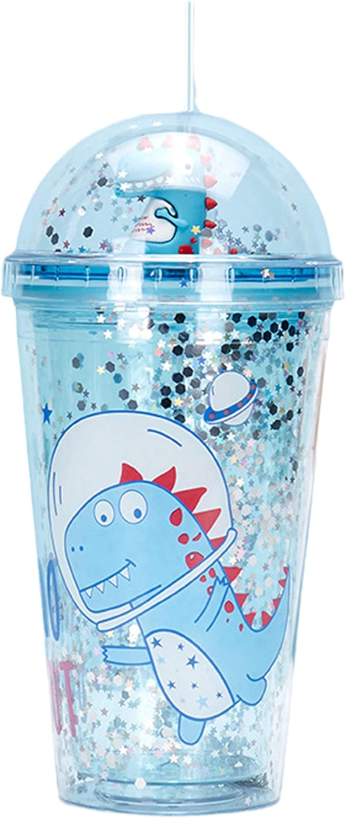 Dinosaur Cups with straw Travel Tumblers Water Bottle Ice Mugs Plastic Party Cup Birthday Gift (blue dinosaur, 6.5 * 20 cm)