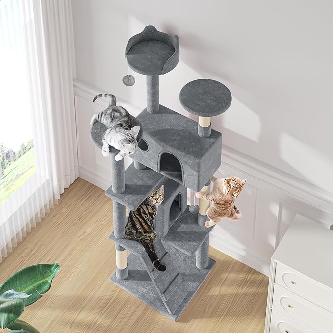 MoNiBloom Cat Tree, 77 Inch Cat Tree Tower with 2 Condo, Tall Cat Tower with Scratching Post, Cat Climbing Tower, Cat Tree for Indoor Cats, Light Grey