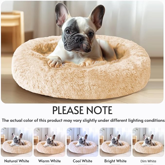 JOLLYVOGUE Calming Dog & Cat Bed for Small Dogs, Anti-Anxiety Donut Cuddler Cozy Soft Round Bed with Anti-Slip Bottom, Fluffy Faux Fur Plush Cushion Beds for Small Medium Dogs (20")