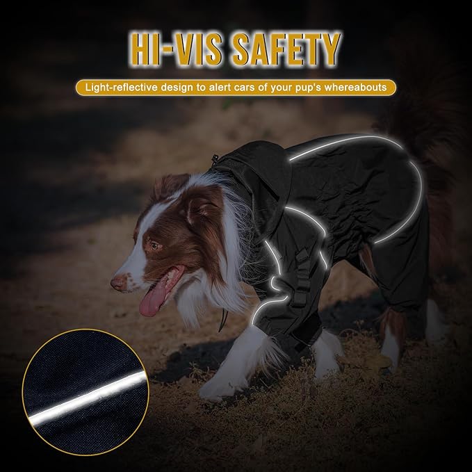 OneTigris Dog Raincoat with Hood for Medium Large Dogs, Waterproof & Reflective, 4 Legs Dog Rain Jacket Adjustable Puppy Poncho for The Rain and Snow (Black, Medium)