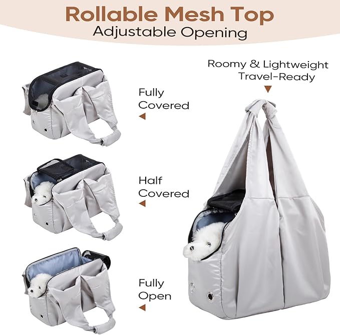 Dog Purse Carrier for Small Dogs, Cats, and Puppies – Soft-Sided Travel Pet Tote Bag with 4 Large Pockets, Foldable, Lightweight, Fits Pets up to 15 lbs, for Travel, Vet, Outings (Grey)