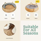 Woven Cat Bed for Indoor Cat,Straw Cat Nest- Wicker Bed for Cat/Dog/Pet with Cushion, Pillow, and Bamboo Mat - Handmade Cat House - Large Cat Basket Bed, Rattan Cat Bed