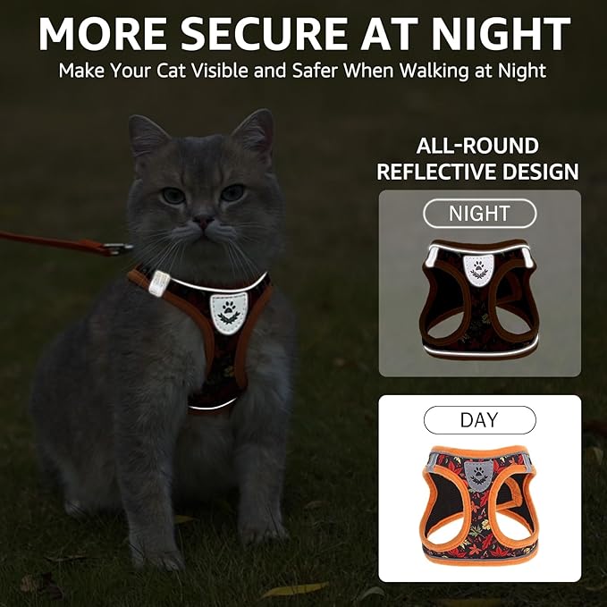 SCENEREAL Fall Thanksgiving Cat Harness and Leash Set Escape Proof, Soft Mesh Kitten Harness for Walking Travel, Reflective Adjustable Pet Vest with Leaf Print for Cat Puppy, M