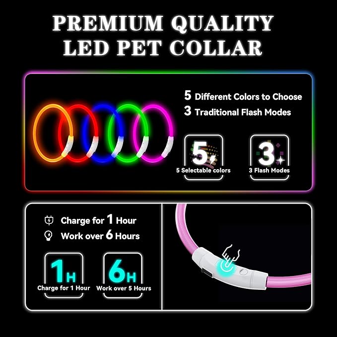 Led Light Up Dog Collar Rechargeable Waterproof, Glow in Dark Dog Collar, TPU Cuttable Lighted Dog Collars for Night Walking Charging USB, Safety for Small Medium Large Dogs Pink