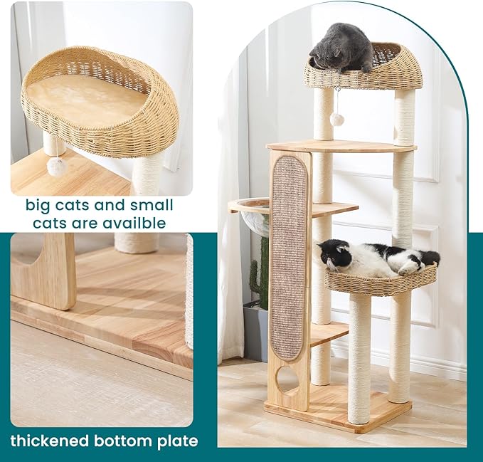 59-inch Cat Tree，Cat Tower with Scratching Post,Extra Long Sisal Blanket, Handwoven Basket & Space Capsule Nest