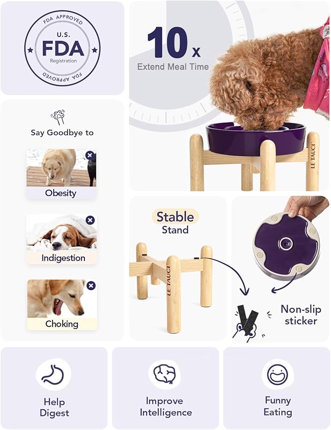 LE TAUCI Ceramic Slow Feed Dog Bowls, Elevated for Small Breeds, Anti-Gulping, Non-Slip, 6 inch, Purple