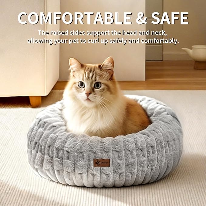 ShinHye Cat Bed - Washable Donut Bed for Cats and Small Dogs, Calming Round Pet Bed with Non-Slip Bottom, Indoor Comfort for Puppy & Kitten(ZJ-Grey-20x20)