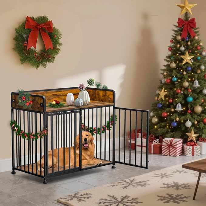 Large Dog Crate Furniture, Dog Kennel Indoor, Heavy Duty Dog Crate for Large Medium Dogs 42 Inch, Wooden Dog Cage Brown End Table with Table Guardrail