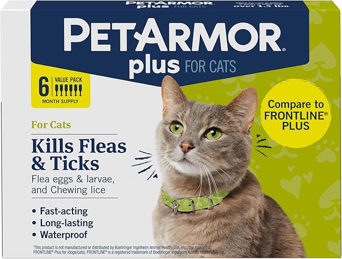 PetArmor Plus Flea and Tick Prevention for Cats over 1.5 lbs, Cat Flea and Tick Treatment, 6 Doses, Waterproof Topical, Fast Acting