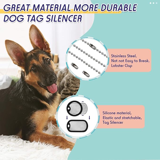 Weewooday 8 Pcs Dog Tag Silicone Silencer Military Engraved Dog Tag with 4 Stainless Steel Chain Black Army Pet Tags Cover Rubber ID Protector for Collar Reduce Noise