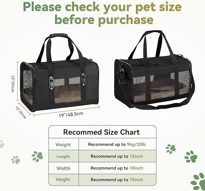 Petsfit 19x12x12 Pet Carrier for Large Cats (up to 20 lbs), Soft-Sided Small Dog Travel Carrier, Upgraded with Patented Buckle and Soft Padding, Ideal for Car Road Trips,Black