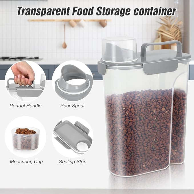 TBMax Dog Cat Food Storage Container 5 to 7 lbs, Airtight Pet Food Dispenser with Easy-Pouring Spout & Measuring Cup, Portable Kibble Container for Travel Dog Food Storage
