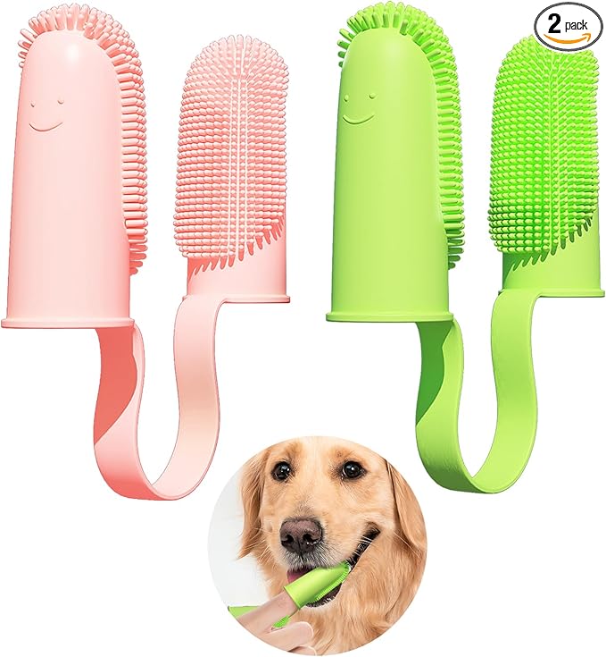 Finger Toothbrush 2 Pack - 135 Surround Bristles for Dog Teeth Cleaning, Pet Dental Care for Puppies, Cats and Small Dogs (Pink and Green)