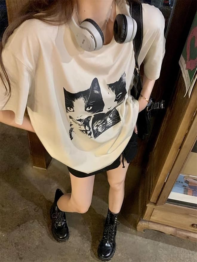 Y2k Oversized Graphic Print Tees Shirts Cat Print Tee Vintage Fruit Baggy Tshirt Coastal Streetwear Cat Print Tee