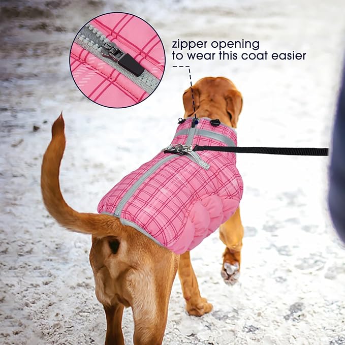 FUAMEY Dog Coat for Large Dogs,Waterproof Dog Winter Jacket with Harness Built in Puppy Cold Weather Coats Reflective Pet Vest with Zipper Warm Fleece Dogs Snowsuit Windproof Rose Plaid L