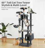 Made4Pets Tall Cat Tree, 80" Cat Tree Tower for Indoor Cats Large Adult, Modern Cat Tower with Scratching Post, Cozy Hammock, 3 Perches and 2 Condos, Sturdy and Fluffy, Dark Gray